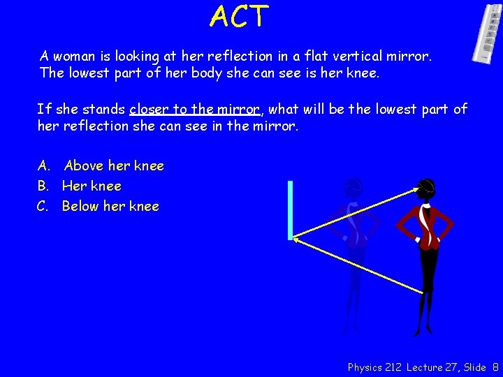 ACT A woman is looking at her reflection in a flat vertical mirror. The