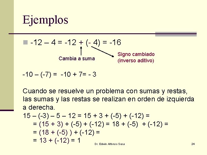 Ejemplos n -12 – 4 = -12 + (- 4) = -16 Cambia a Ejemplos n -12 – 4 = -12 + (- 4) = -16 Cambia a