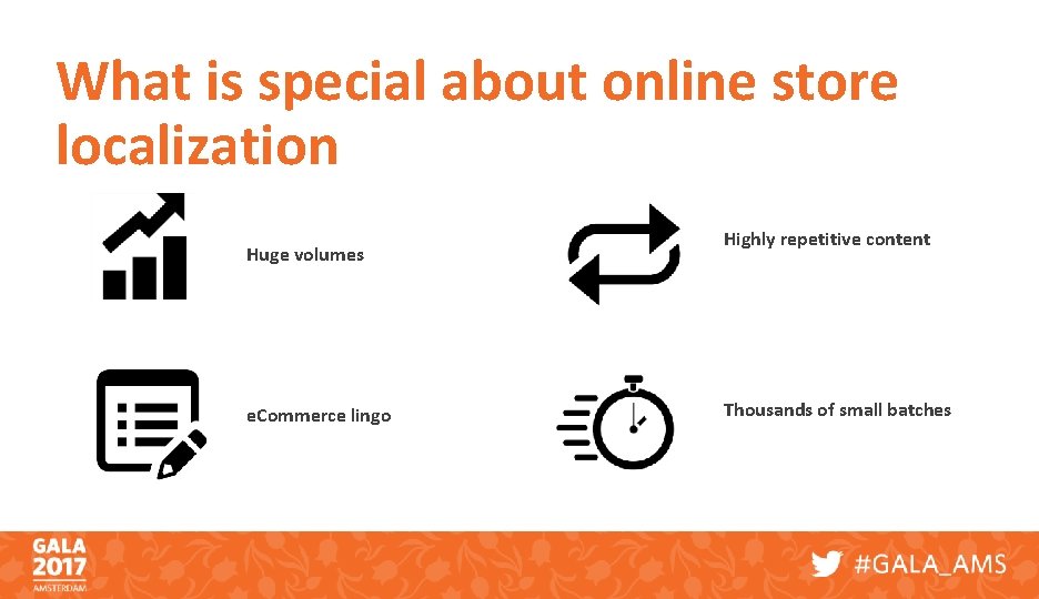 What is special about online store localization Huge volumes e. Commerce lingo Highly repetitive