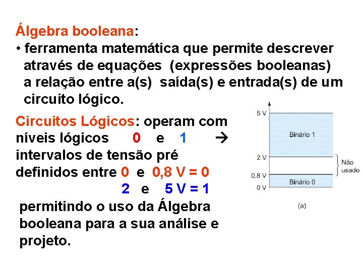 Álgebra booleana: • ferramenta matemática que permite descrever através de equações (expressões booleanas) a