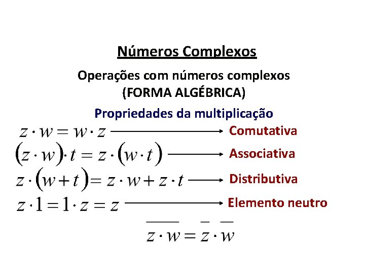Números Complexos Operações com números complexos (FORMA ALGÉBRICA) Propriedades da multiplicação Comutativa Associativa Distributiva