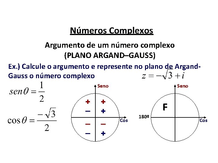 Números Complexos Argumento de um número complexo (PLANO ARGAND–GAUSS) Ex. ) Calcule o argumento