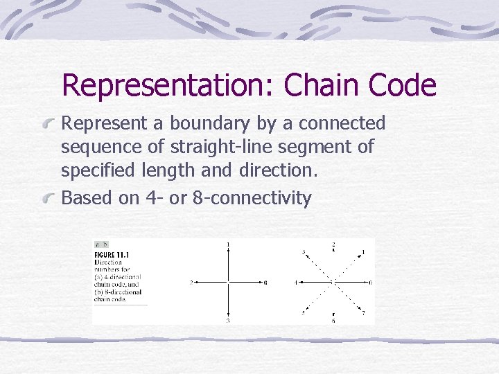 Representation: Chain Code Represent a boundary by a connected sequence of straight-line segment of