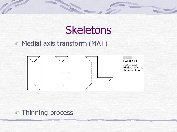 Skeletons Medial axis transform (MAT) Thinning process 