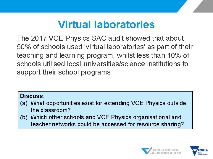 Virtual laboratories The 2017 VCE Physics SAC audit showed that about 50% of schools