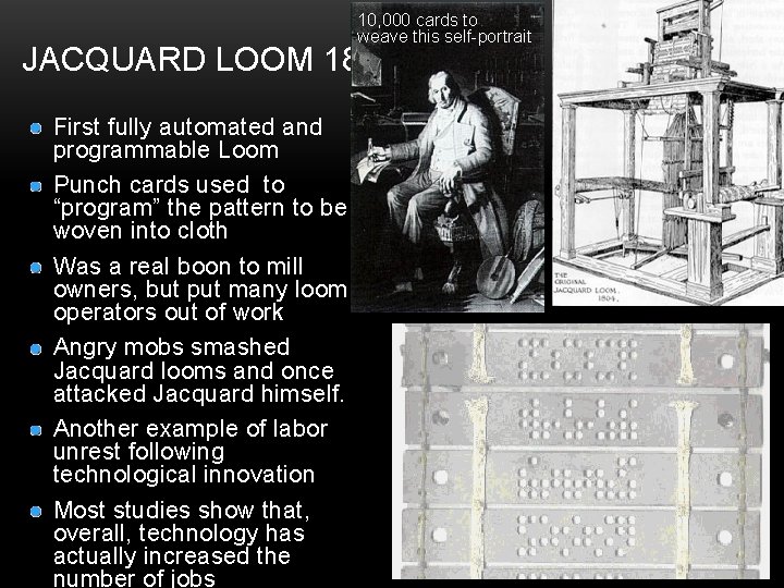 10, 000 cards to weave this self-portrait JACQUARD LOOM 1804 First fully automated and