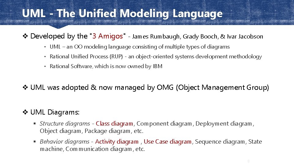 UML - The Unified Modeling Language v Developed by the "3 Amigos" - James