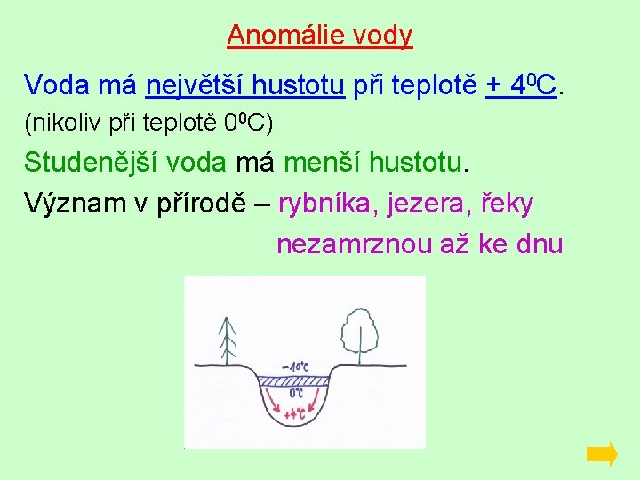 Anomálie vody Voda má největší hustotu při teplotě + 40 C. (nikoliv při teplotě