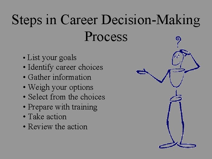 Steps in Career Decision-Making Process • List your goals • Identify career choices •