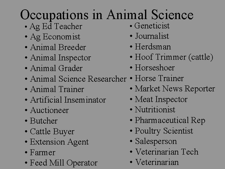 Occupations in Animal Science • Ag Ed Teacher • Geneticist • Ag Economist •