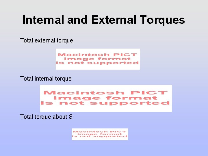 Internal and External Torques Total external torque Total internal torque Total torque about S