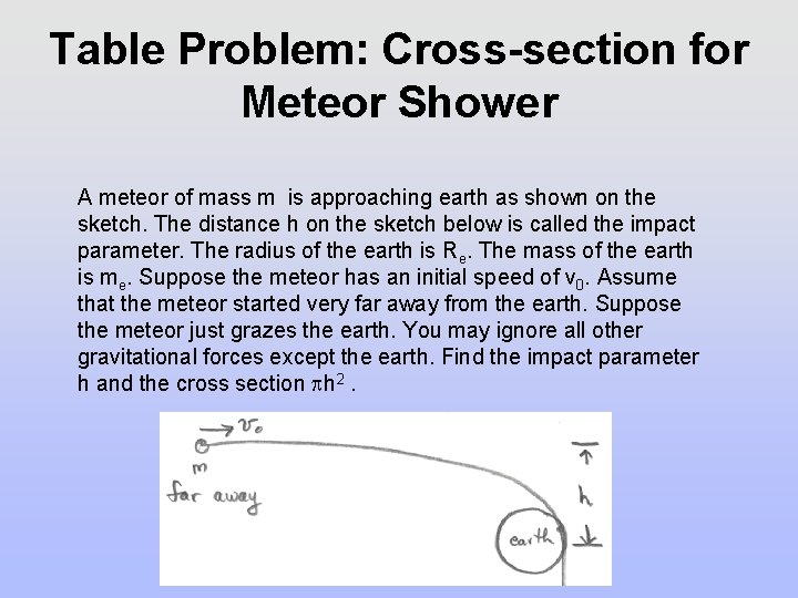 Table Problem: Cross-section for Meteor Shower A meteor of mass m is approaching earth