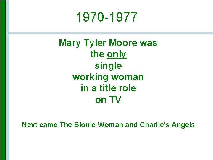 1970 -1977 Mary Tyler Moore was the only single working woman in a title