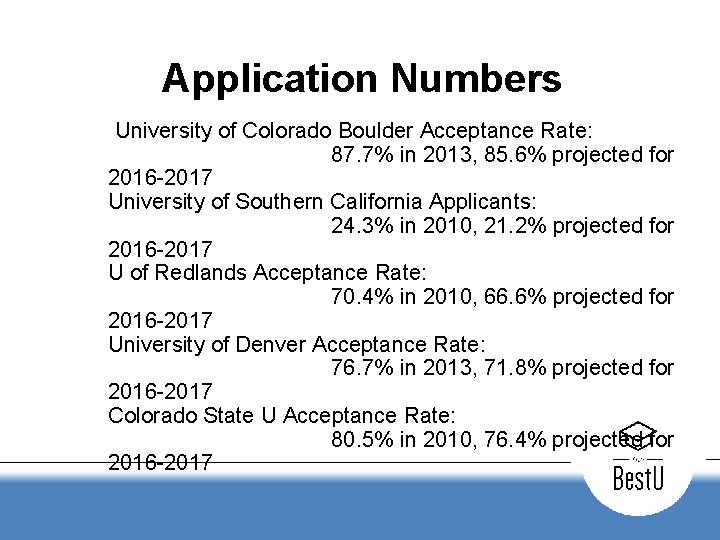 Application Numbers University of Colorado Boulder Acceptance Rate: 87. 7% in 2013, 85. 6%