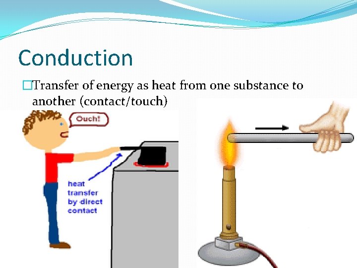 Conduction �Transfer of energy as heat from one substance to another (contact/touch) 