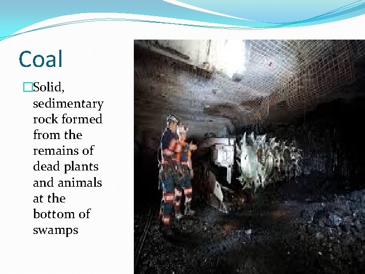 Coal �Solid, sedimentary rock formed from the remains of dead plants and animals at