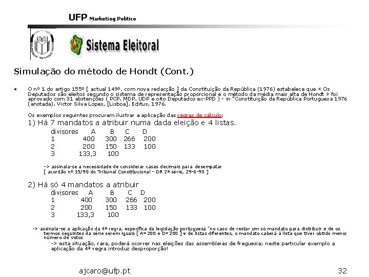 UFP Marketing Politico Simulação do método de Hondt (Cont. ) n O nº 1