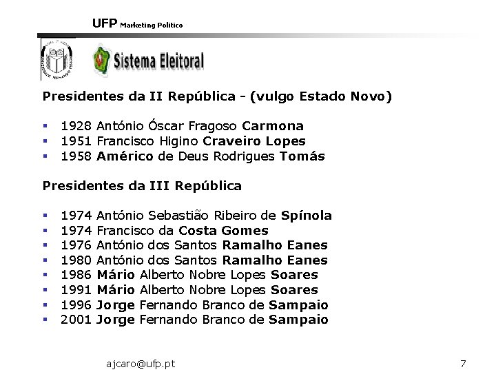 UFP Marketing Politico Presidentes da II República - (vulgo Estado Novo) § § §
