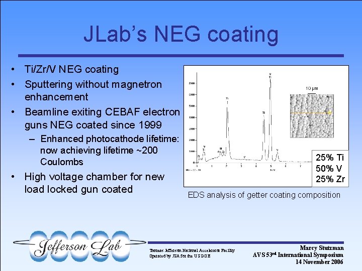 JLab’s NEG coating • Ti/Zr/V NEG coating • Sputtering without magnetron enhancement • Beamline