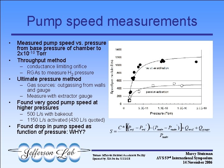Pump speed measurements • • • Measured pump speed vs. pressure from base pressure