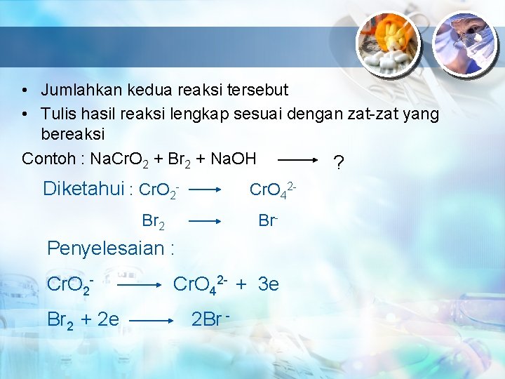  • Jumlahkan kedua reaksi tersebut • Tulis hasil reaksi lengkap sesuai dengan zat-zat