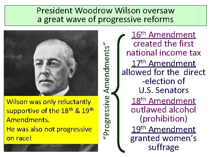 Wilson was only reluctantly supportive of the 18 th & 19 th Amendments. He