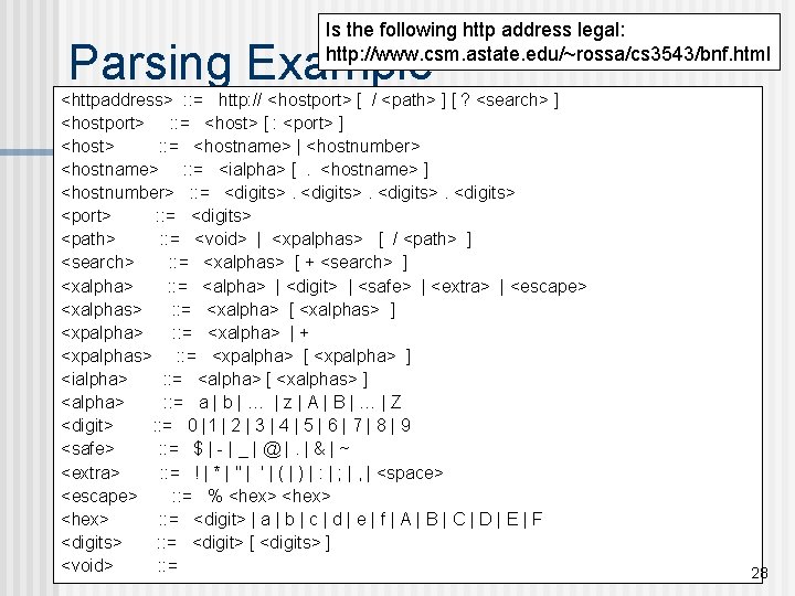 Is the following http address legal: http: //www. csm. astate. edu/~rossa/cs 3543/bnf. html Parsing Is the following http address legal: http: //www. csm. astate. edu/~rossa/cs 3543/bnf. html Parsing