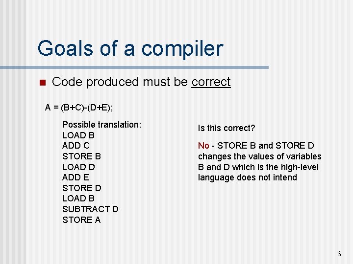 Goals of a compiler n Code produced must be correct A = (B+C)-(D+E); Possible Goals of a compiler n Code produced must be correct A = (B+C)-(D+E); Possible