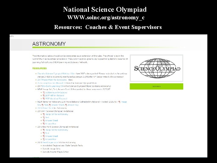 National Science Olympiad WWW. soinc. org/astronomy_c Resources: Coaches & Event Supervisors 