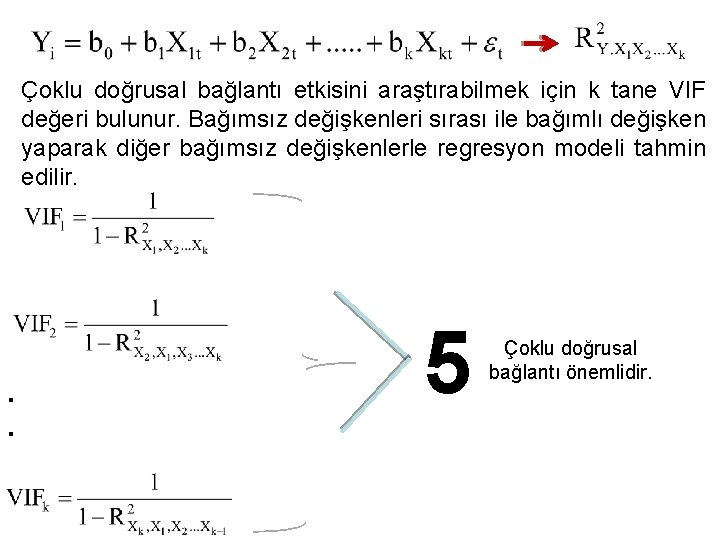 Çoklu doğrusal bağlantı etkisini araştırabilmek için k tane VIF değeri bulunur. Bağımsız değişkenleri sırası