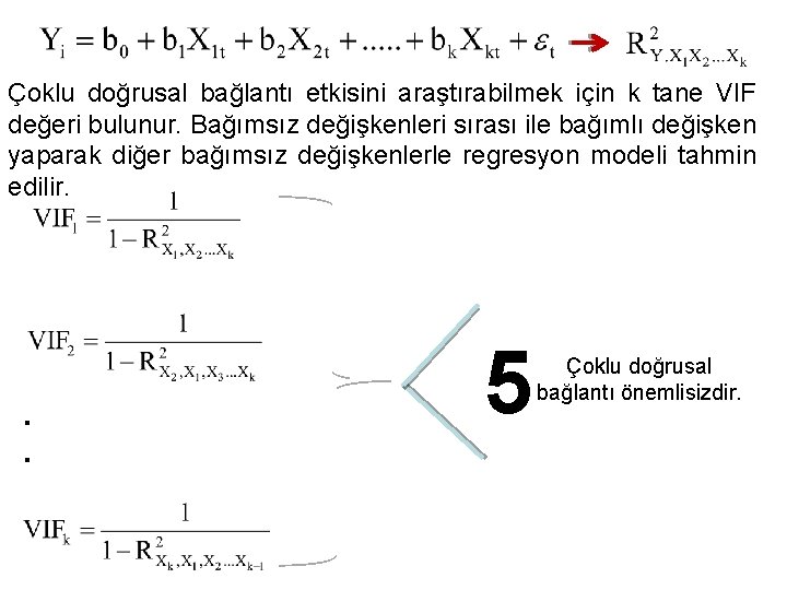 Çoklu doğrusal bağlantı etkisini araştırabilmek için k tane VIF değeri bulunur. Bağımsız değişkenleri sırası Çoklu doğrusal bağlantı etkisini araştırabilmek için k tane VIF değeri bulunur. Bağımsız değişkenleri sırası