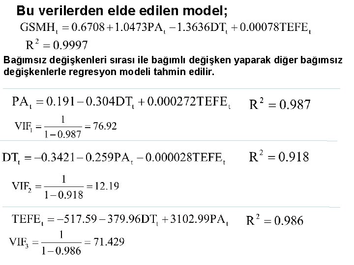 Bu verilerden elde edilen model; Bağımsız değişkenleri sırası ile bağımlı değişken yaparak diğer bağımsız