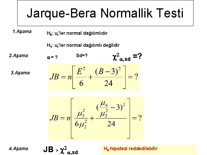 Jarque-Bera Normallik Testi 1. Aşama H 0: ui’ler normal dağılımlıdır H 1: ui’ler normal