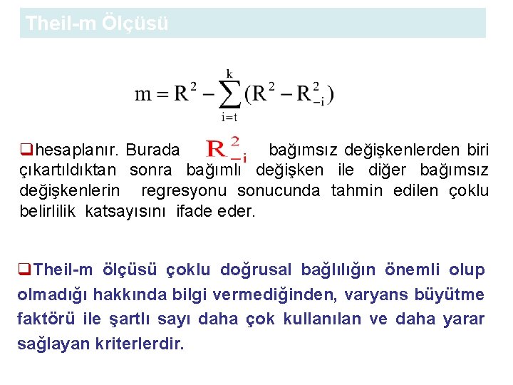 Theil-m Ölçüsü qhesaplanır. Burada bağımsız değişkenlerden biri çıkartıldıktan sonra bağımlı değişken ile diğer bağımsız