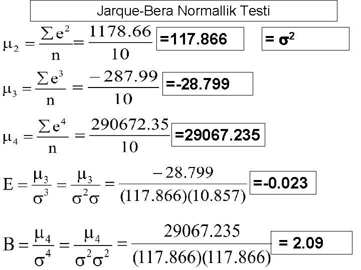 Jarque-Bera Normallik Testi = s 2 =117. 866 =-28. 799 =29067. 235 =-0. 023