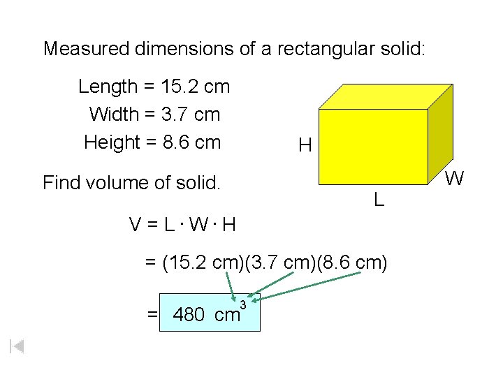 Measured dimensions of a rectangular solid: Length = 15. 2 cm Width = 3.