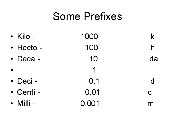 Some Prefixes • • Kilo - 1000 k Hecto - 100 h Deca -