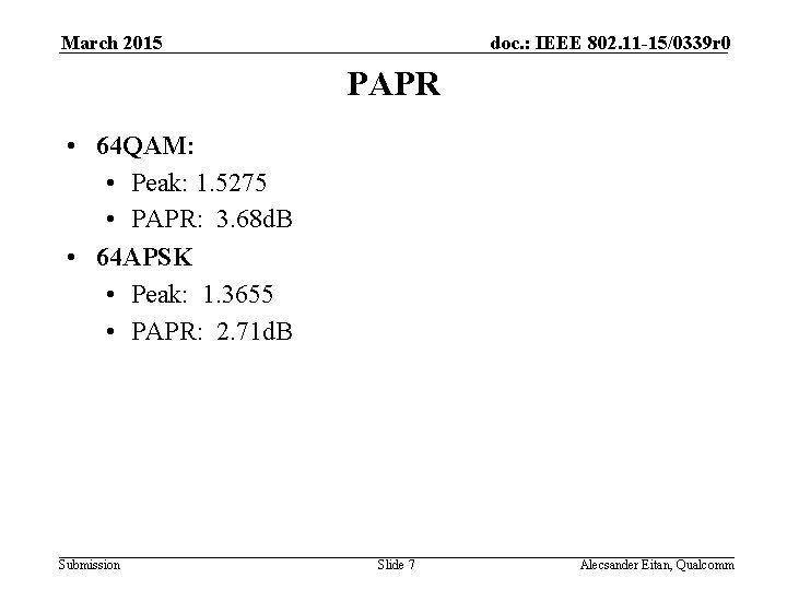 March 2015 doc. : IEEE 802. 11 -15/0339 r 0 PAPR • 64 QAM: