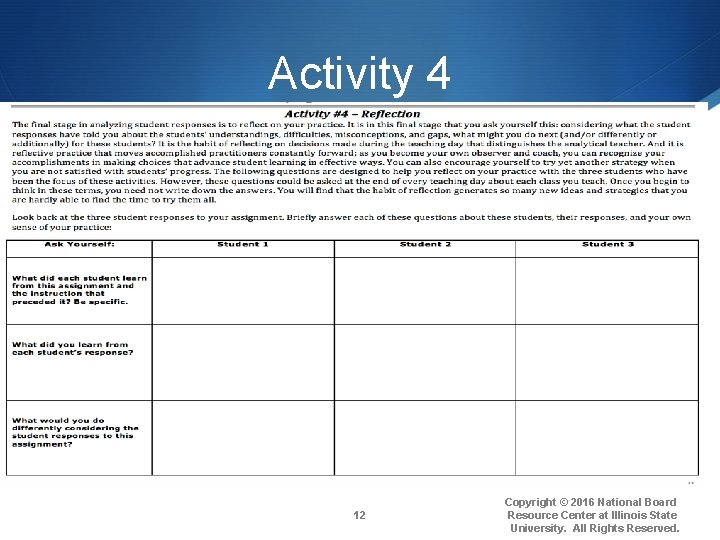 Activity 4 12 Copyright © 2016 National Board Resource Center at Illinois State University.
