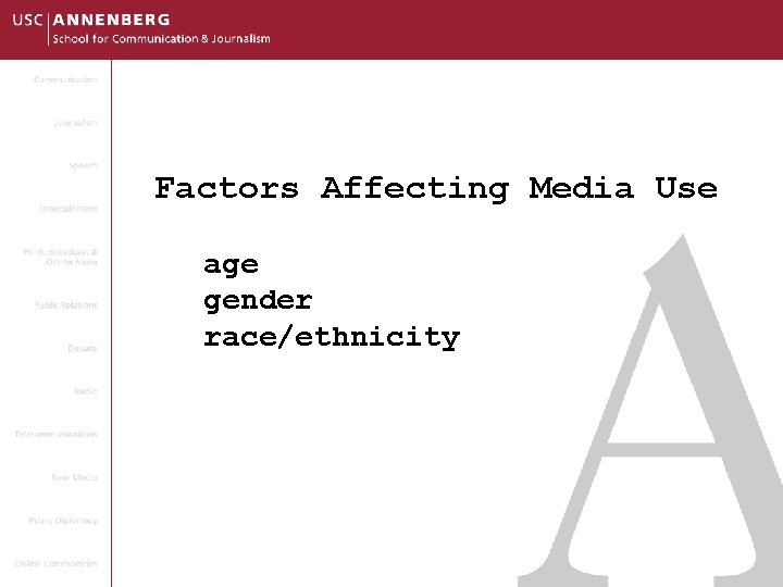 Factors Affecting Media Use age gender race/ethnicity 