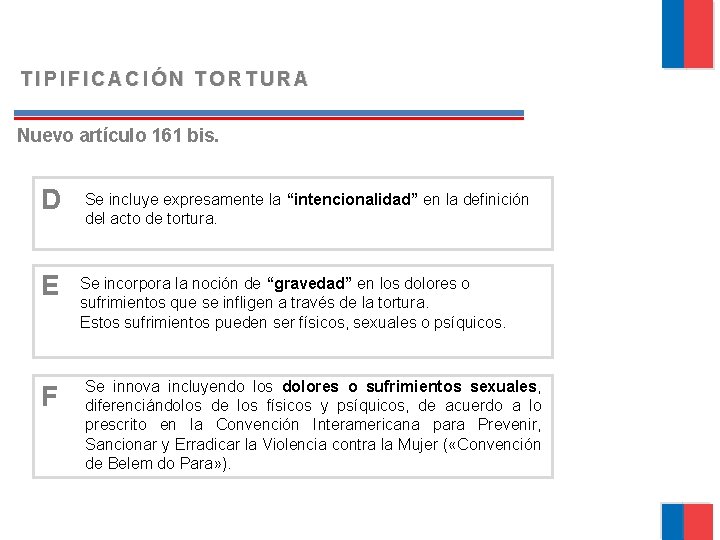 TIPIFICACIÓN TORTURA Nuevo artículo 161 bis. D Se incluye expresamente la “intencionalidad” en la