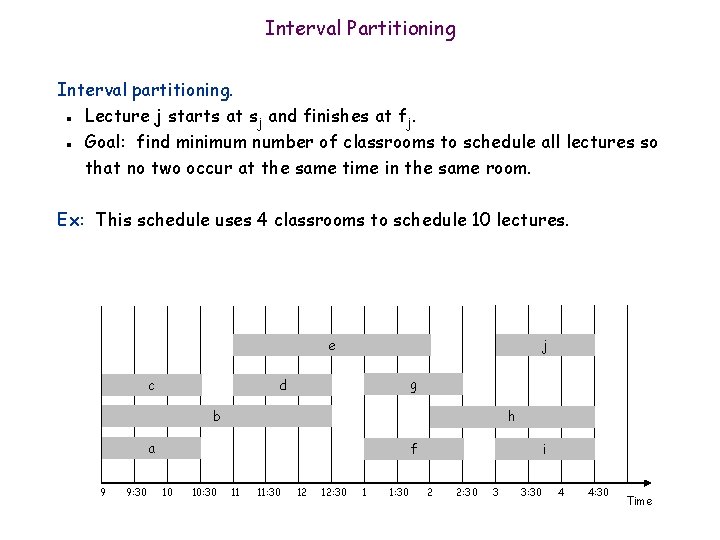 Interval Partitioning Interval partitioning. Lecture j starts at sj and finishes at fj. Goal: