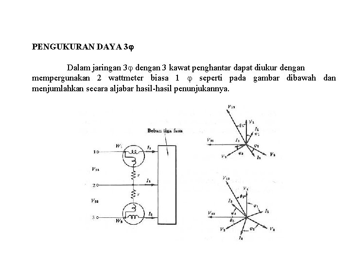 PENGUKURAN DAYA 3 Dalam jaringan 3 dengan 3 kawat penghantar dapat diukur dengan mempergunakan