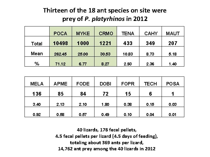 Thirteen of the 18 ant species on site were prey of P. platyrhinos in