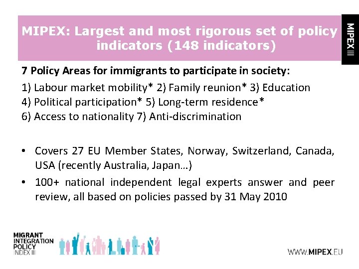 MIPEX: Largest and most rigorous set of policy indicators (148 indicators) 7 Policy Areas