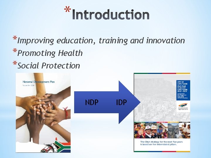 * *Improving education, training and innovation *Promoting Health *Social Protection NDP IDP 