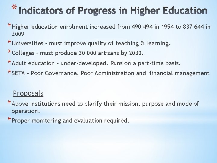 * * Higher education enrolment increased from 490 494 in 1994 to 837 644