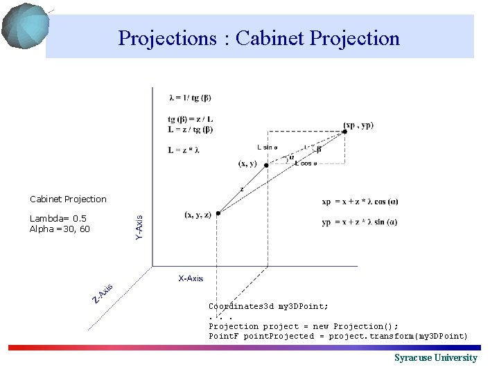 Projections : Cabinet Projection Lambda= 0. 5 Alpha =30, 60 Coordinates 3 d my