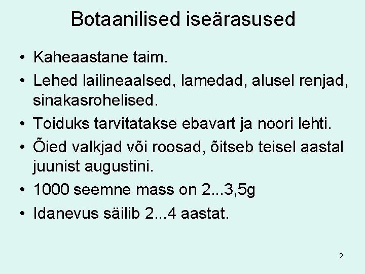 Botaanilised iseärasused • Kaheaastane taim. • Lehed lailineaalsed, lamedad, alusel renjad, sinakasrohelised. • Toiduks