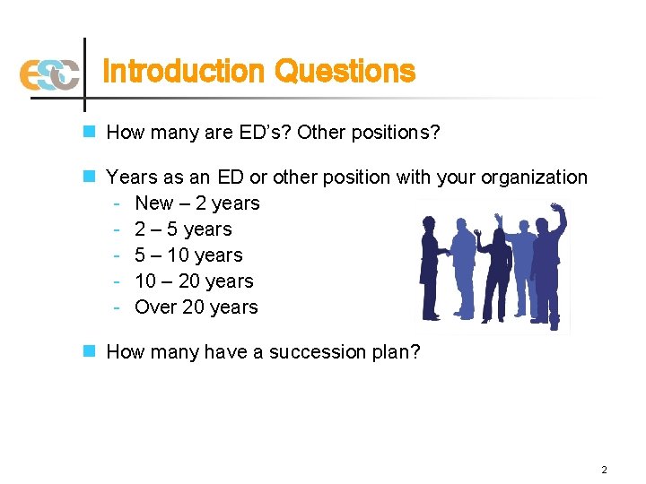 Introduction Questions n How many are ED’s? Other positions? n Years as an ED